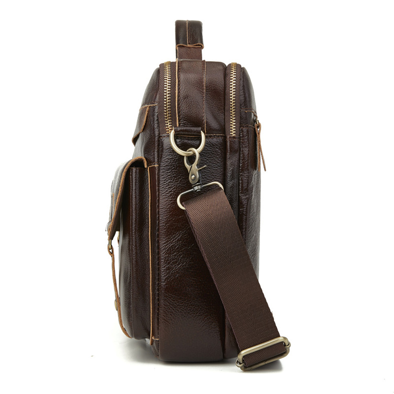 Foreign Trade Men&#039;s Real-Leather Bag Handbag Multi-Layer Zipper Men&#039;s Briefcase Oil Wax Leather Shoulder Messenger Bag Cross-Border Exclusive