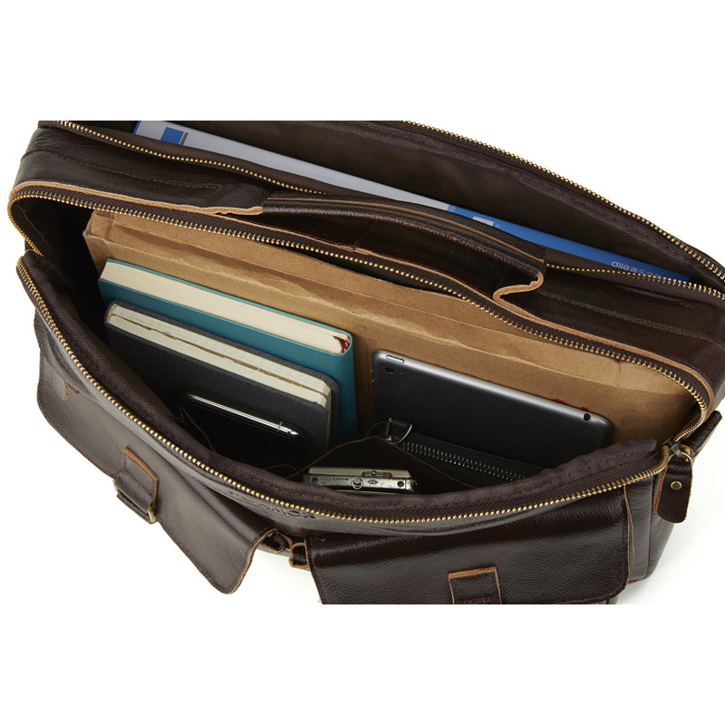 Foreign Trade Men&#039;s Real-Leather Bag Handbag Multi-Layer Zipper Men&#039;s Briefcase Oil Wax Leather Shoulder Messenger Bag Cross-Border Exclusive