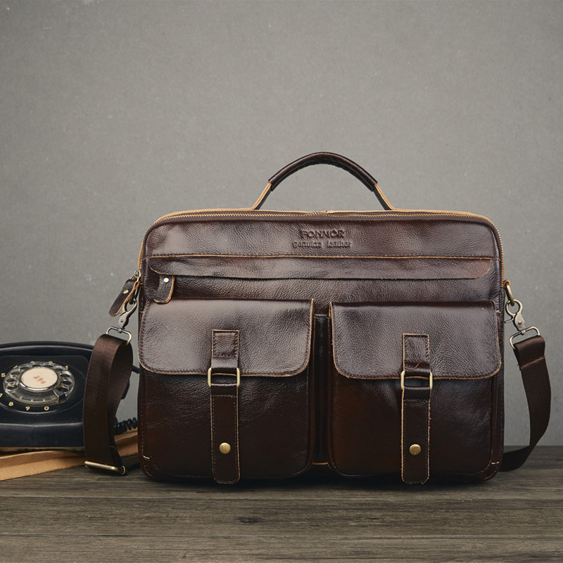 Foreign Trade Men&#039;s Real-Leather Bag Handbag Multi-Layer Zipper Men&#039;s Briefcase Oil Wax Leather Shoulder Messenger Bag Cross-Border Exclusive