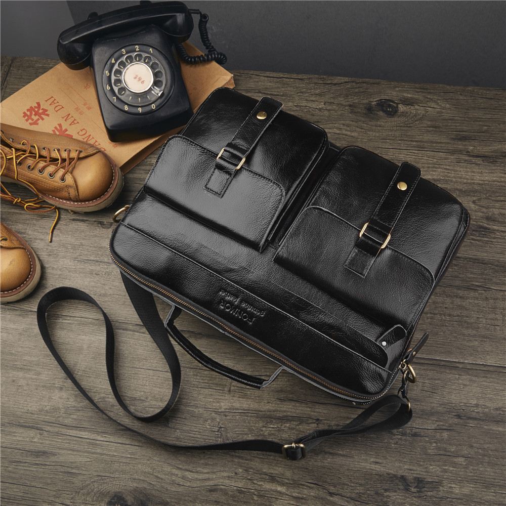 Foreign Trade Men's Real-Leather Bag Handbag Multi-Layer Zipper Men's Briefcase Oil Wax Leather Shoulder Messenger Bag Cross-Border Exclusive