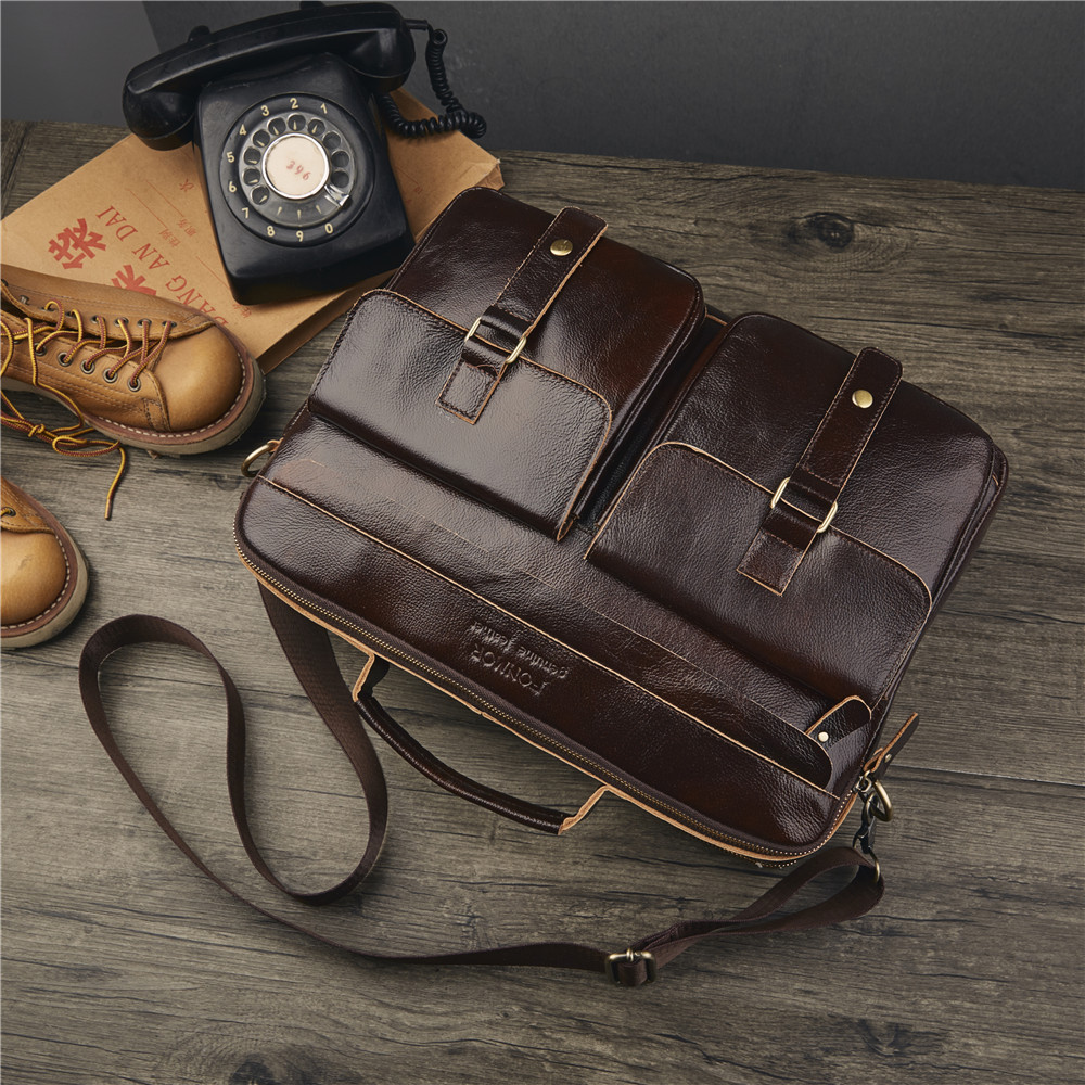 Foreign Trade Men's Real-Leather Bag Handbag Multi-Layer Zipper Men's Briefcase Oil Wax Leather Shoulder Messenger Bag Cross-Border Exclusive