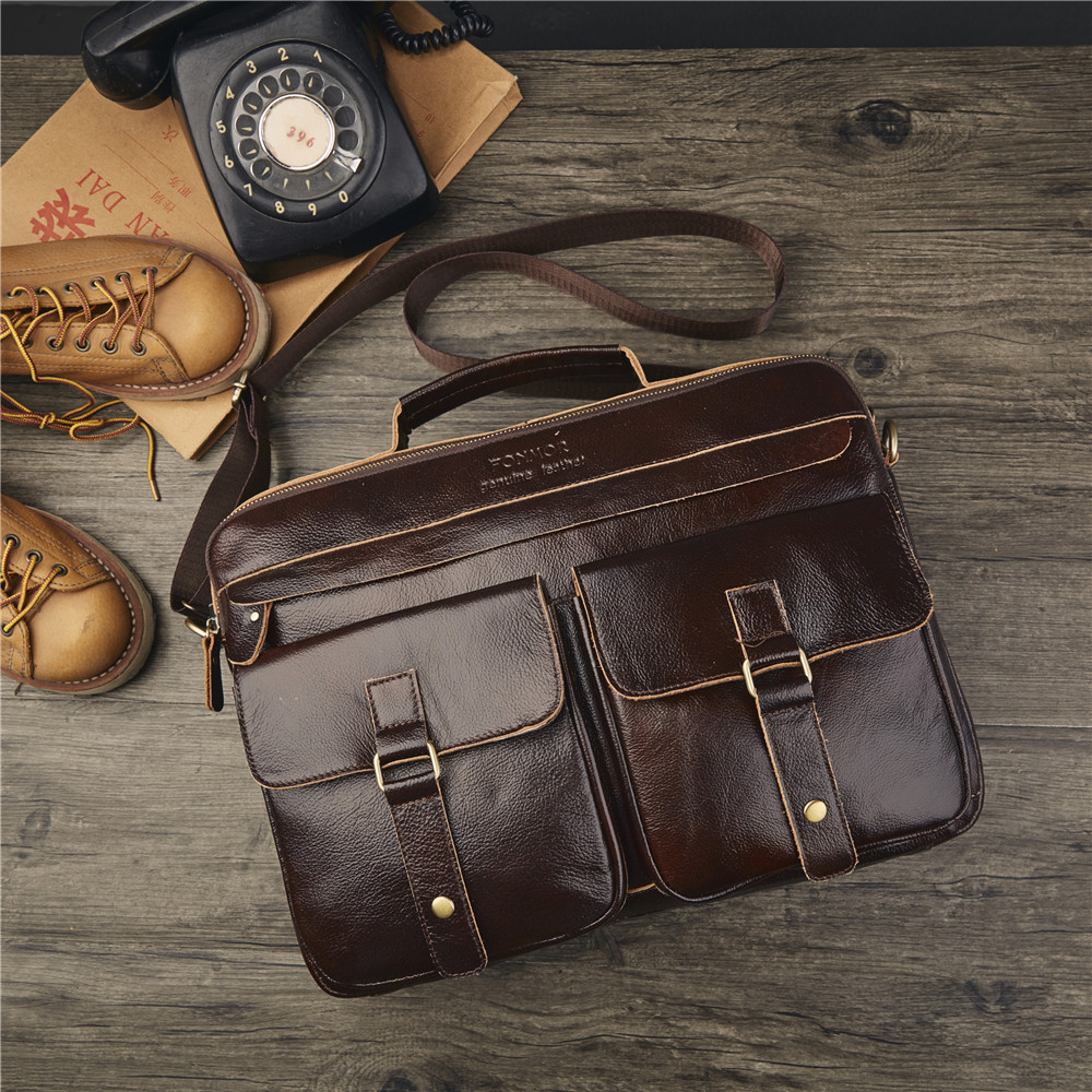 Foreign Trade Men's Real-Leather Bag Handbag Multi-Layer Zipper Men's Briefcase Oil Wax Leather Shoulder Messenger Bag Cross-Border Exclusive