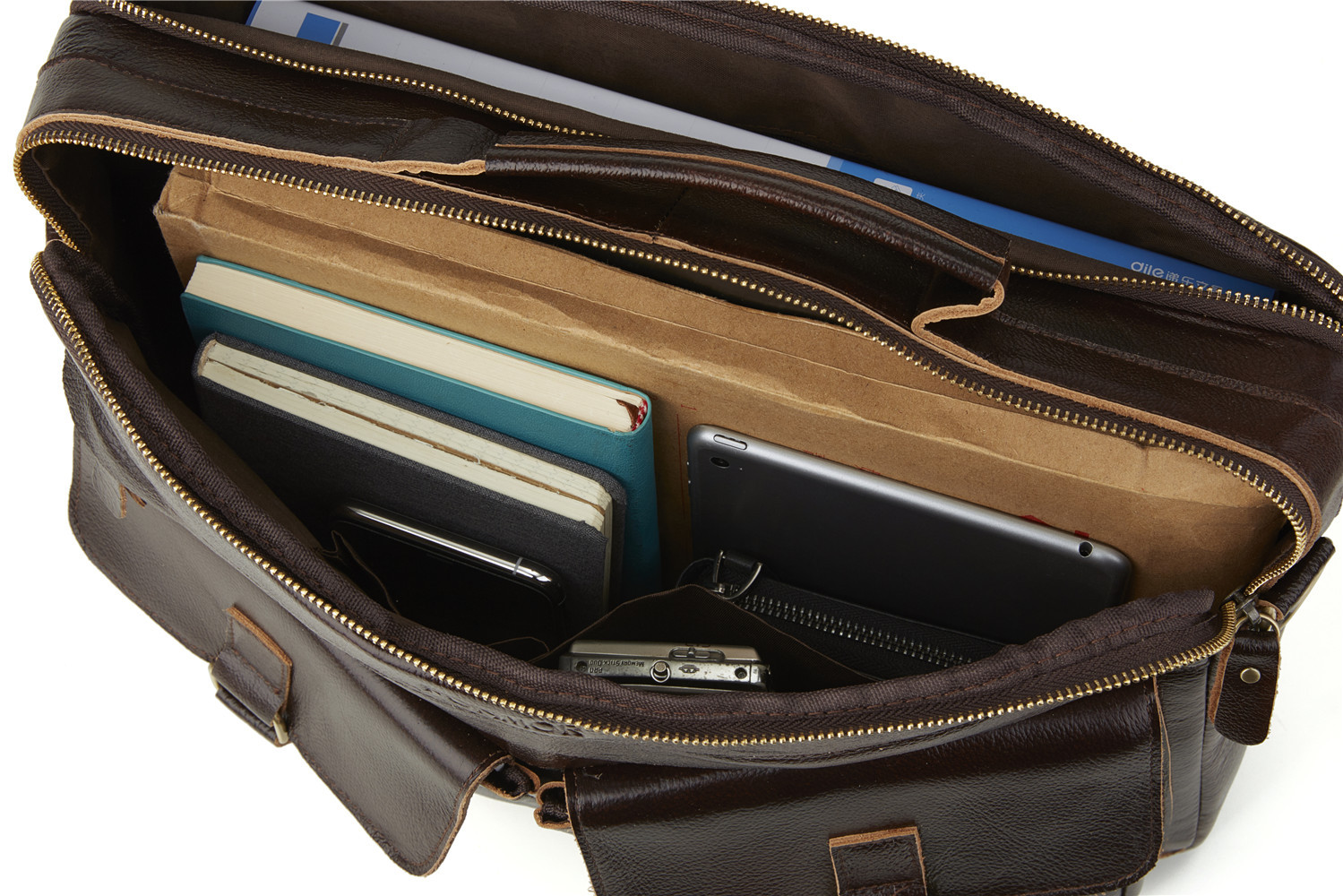 Foreign Trade Men's Real-Leather Bag Handbag Multi-Layer Zipper Men's Briefcase Oil Wax Leather Shoulder Messenger Bag Cross-Border Exclusive