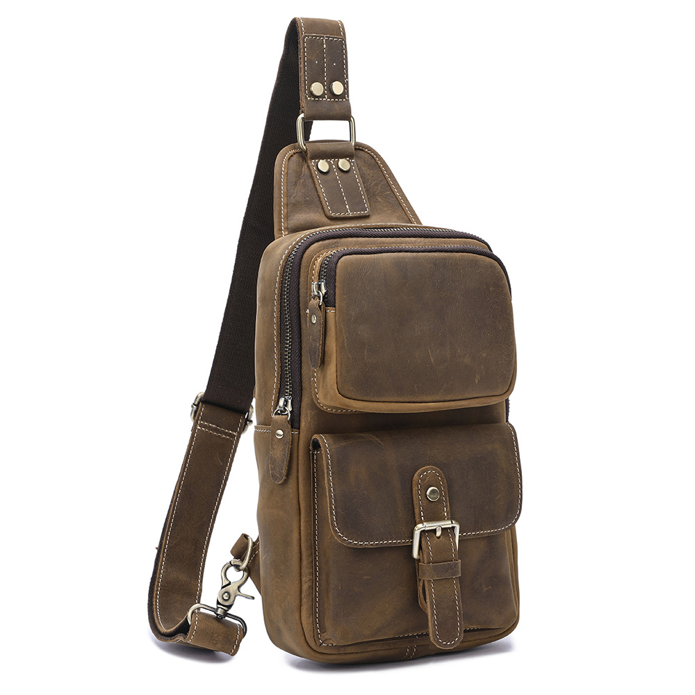 Factory Direct Sales Men&#039;s Real-Leather Bag Retro Crazy Horse Leather Chest Bag Crossbody Bag First Layer Cowhide Casual Fashion Cross Backpack