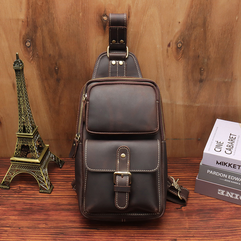 Factory Direct Sales Men&#039;s Real-Leather Bag Retro Crazy Horse Leather Chest Bag Crossbody Bag First Layer Cowhide Casual Fashion Cross Backpack