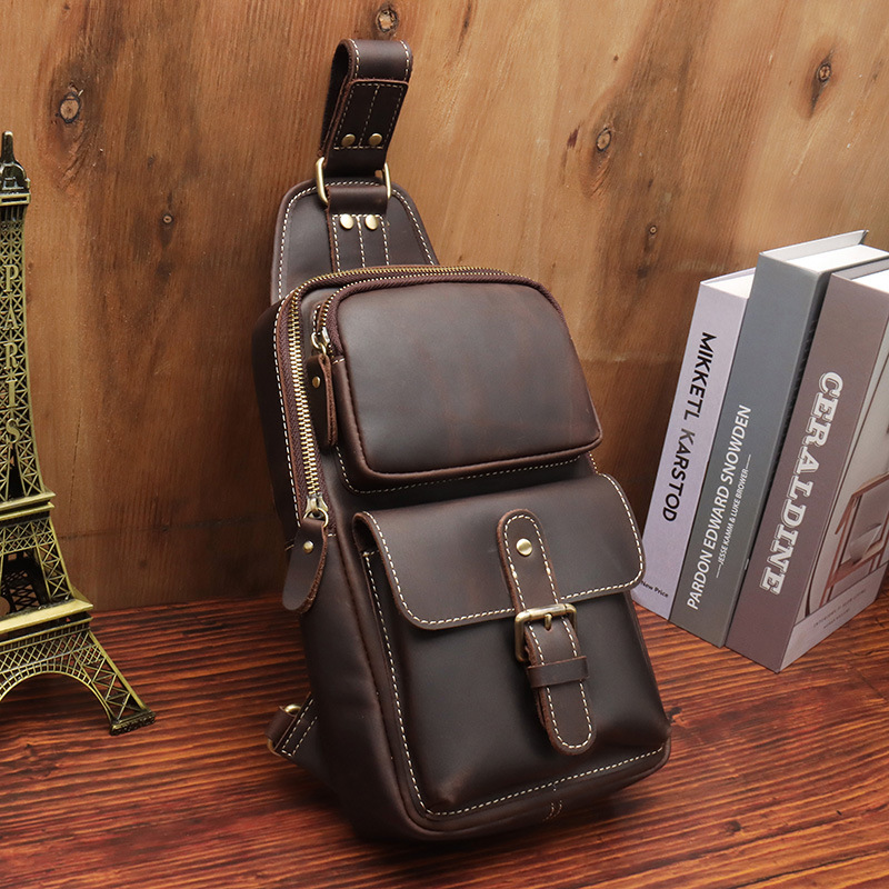 Factory Direct Sales Men's Real-Leather Bag Retro Crazy Horse Leather Chest Bag Crossbody Bag First Layer Cowhide Casual Fashion Cross Backpack