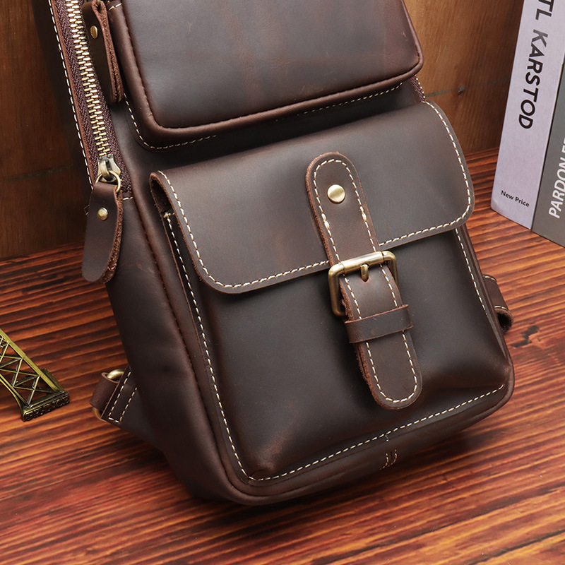 Factory Direct Sales Men's Real-Leather Bag Retro Crazy Horse Leather Chest Bag Crossbody Bag First Layer Cowhide Casual Fashion Cross Backpack