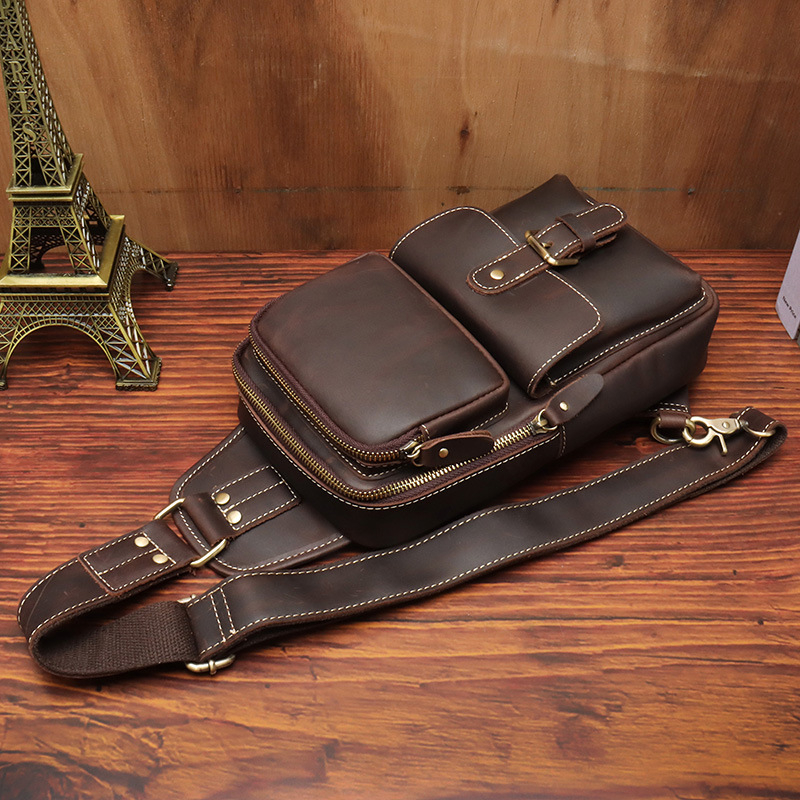Factory Direct Sales Men's Real-Leather Bag Retro Crazy Horse Leather Chest Bag Crossbody Bag First Layer Cowhide Casual Fashion Cross Backpack