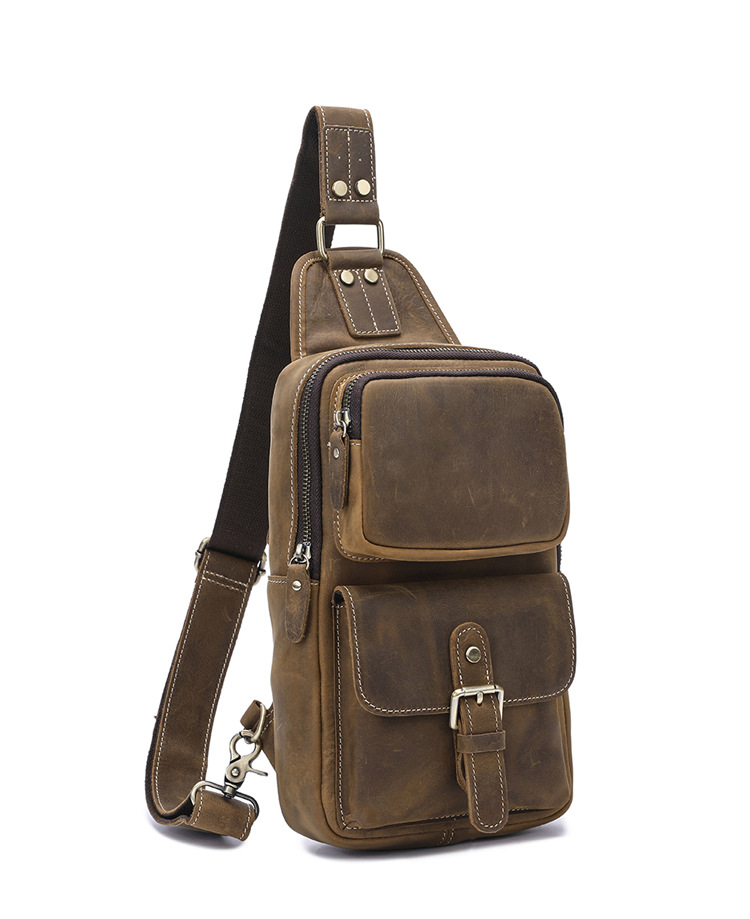 Factory Direct Sales Men's Real-Leather Bag Retro Crazy Horse Leather Chest Bag Crossbody Bag First Layer Cowhide Casual Fashion Cross Backpack