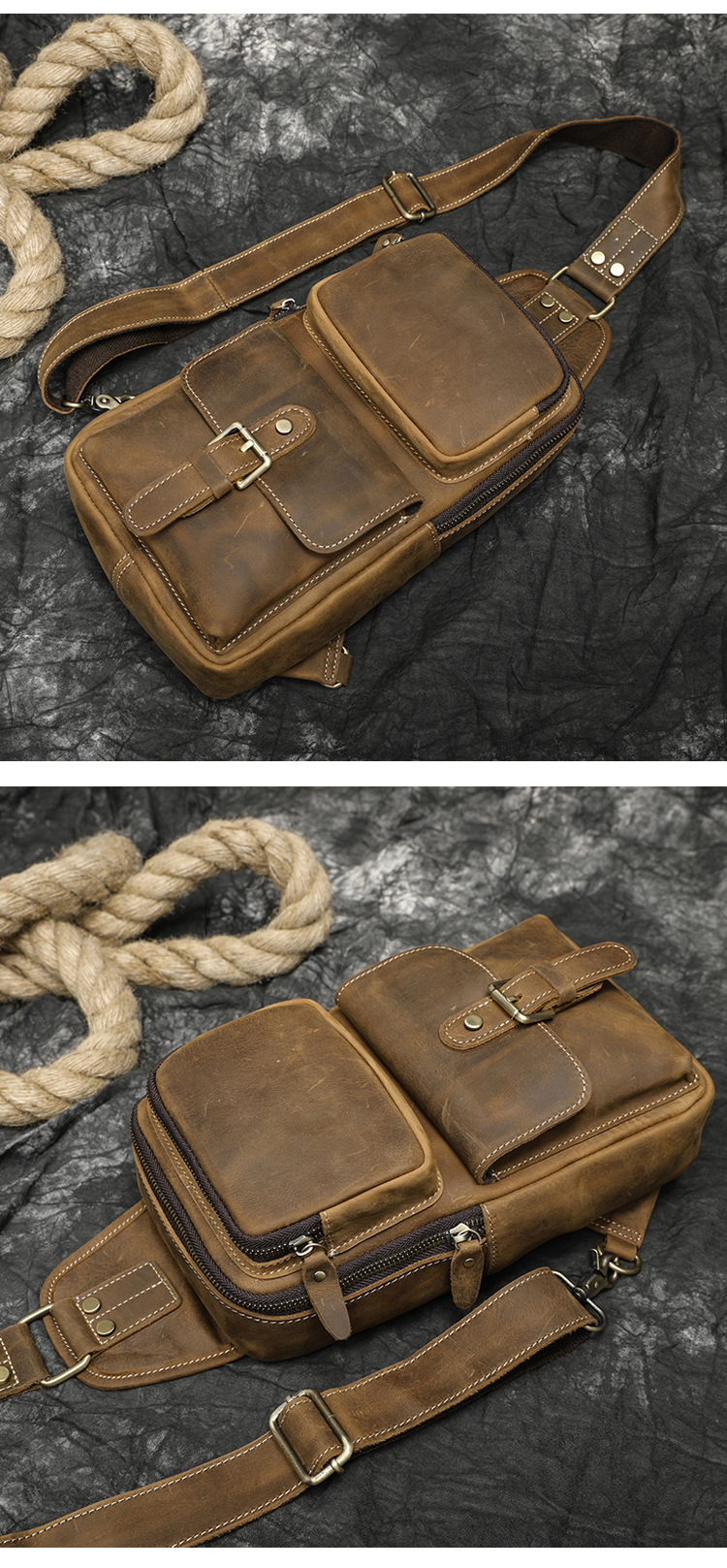 Factory Direct Sales Men's Real-Leather Bag Retro Crazy Horse Leather Chest Bag Crossbody Bag First Layer Cowhide Casual Fashion Cross Backpack