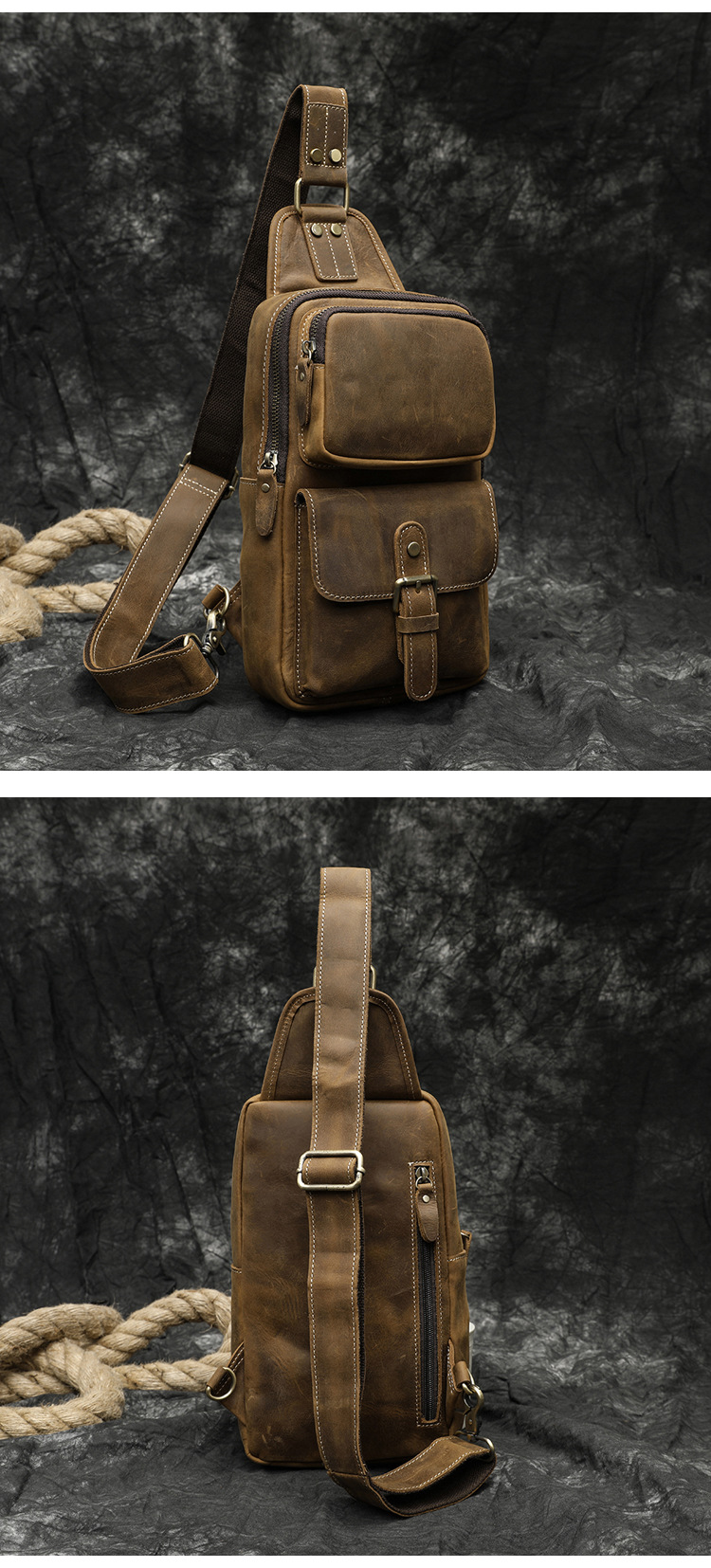 Factory Direct Sales Men's Real-Leather Bag Retro Crazy Horse Leather Chest Bag Crossbody Bag First Layer Cowhide Casual Fashion Cross Backpack