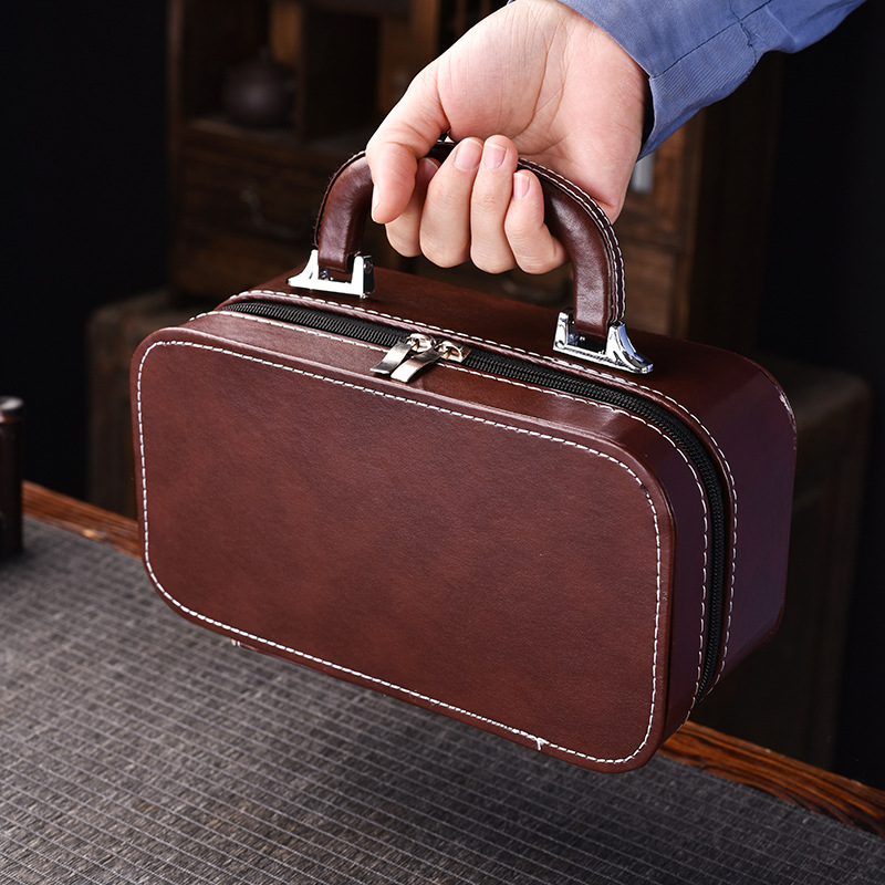 Japanese Style Travel Portable Quick Cup One Pot Fills Three Cups Leather Bag with Tea Can Gift Teaware Packaging Real Estate Logo