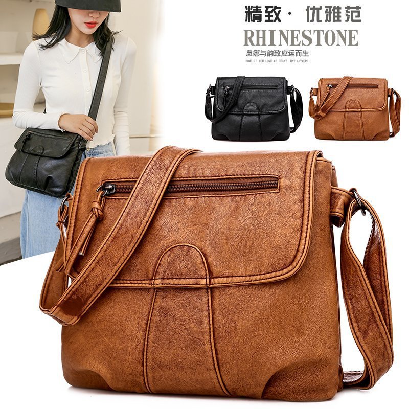Foreign Trade Soft Leather Women&#039;s Bag European and American Retro Real Washed Leather Women&#039;s Shoulder Bag Large Capacity Middle-Aged Mother Bag Small Square Bag