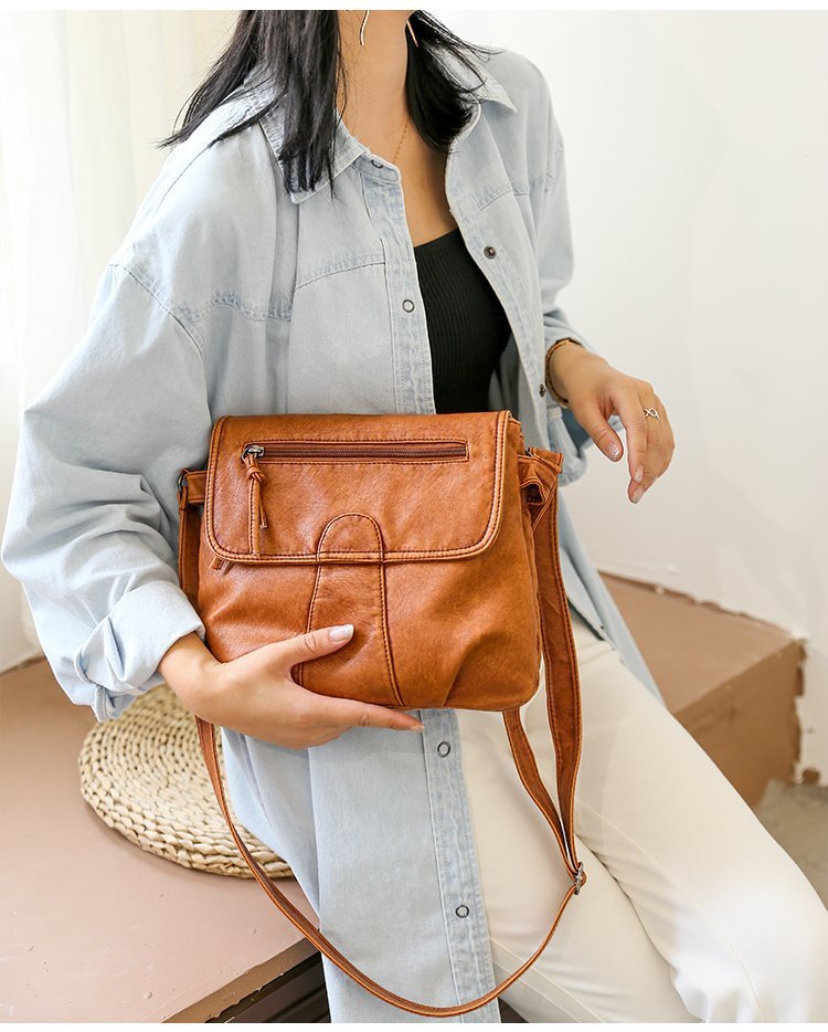Foreign Trade Soft Leather Women's Bag European and American Retro Real Washed Leather Women's Shoulder Bag Large Capacity Middle-Aged Mother Bag Small Square Bag Foreign Trade Soft Leather Women's Bag European and American Retro Real Washed Leather Women's Shoulder Bag Large Capacity Middle-Aged Mother Bag Small Square Bag