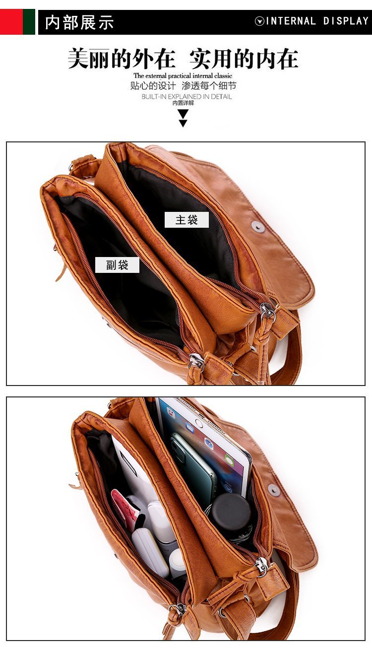Foreign Trade Soft Leather Women's Bag European and American Retro Real Washed Leather Women's Shoulder Bag Large Capacity Middle-Aged Mother Bag Small Square Bag Foreign Trade Soft Leather Women's Bag European and American Retro Real Washed Leather Women's Shoulder Bag Large Capacity Middle-Aged Mother Bag Small Square Bag