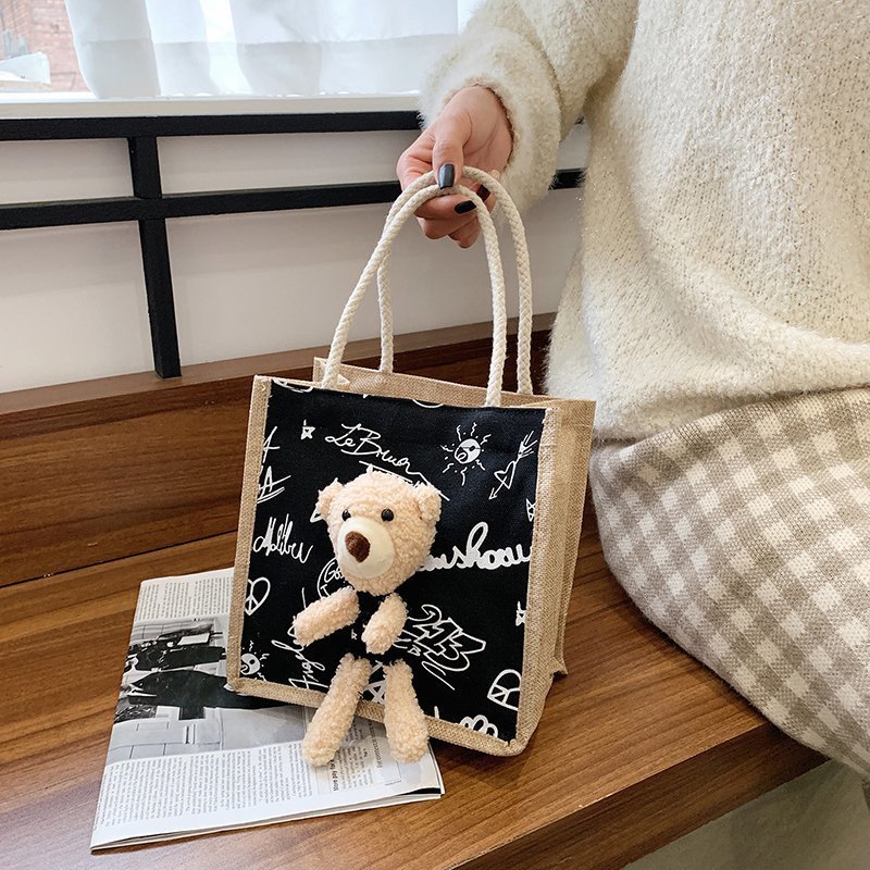 2021 New Internet Hot Korean Style Ins Printed Cow Graffiti Bear Canvas Bag Women&#039;s Portable Cute Shoulder Bag