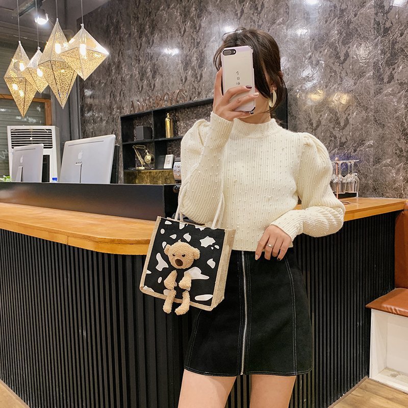 2021 New Internet Hot Korean Style Ins Printed Cow Graffiti Bear Canvas Bag Women&#039;s Portable Cute Shoulder Bag