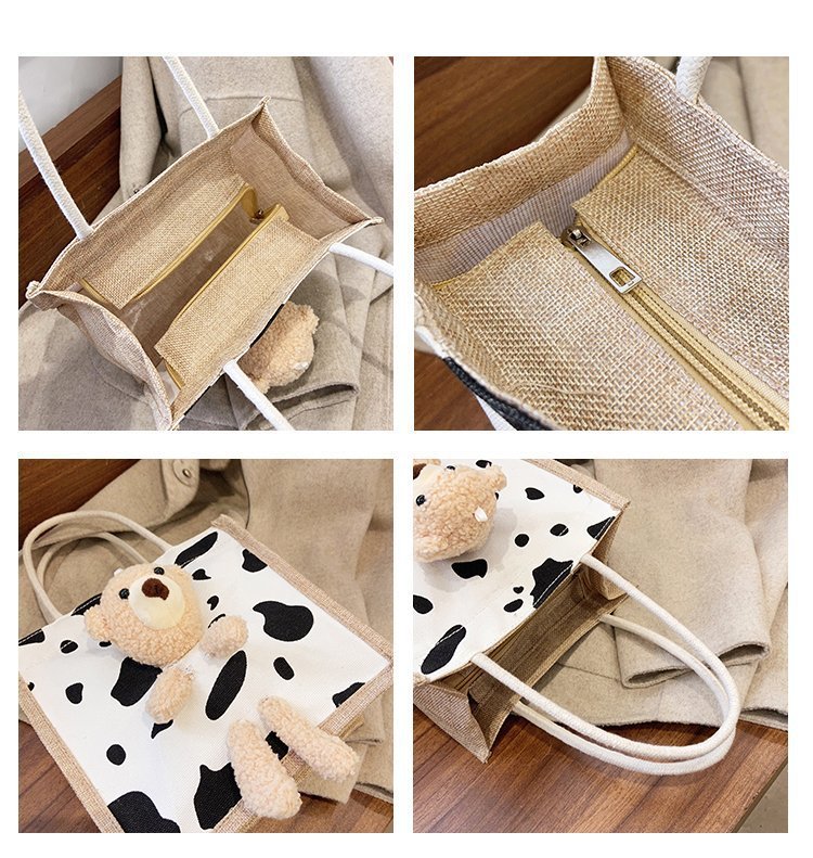 2021 New Internet Hot Korean Style Ins Printed Cow Graffiti Bear Canvas Bag Women's Portable Cute Shoulder Bag