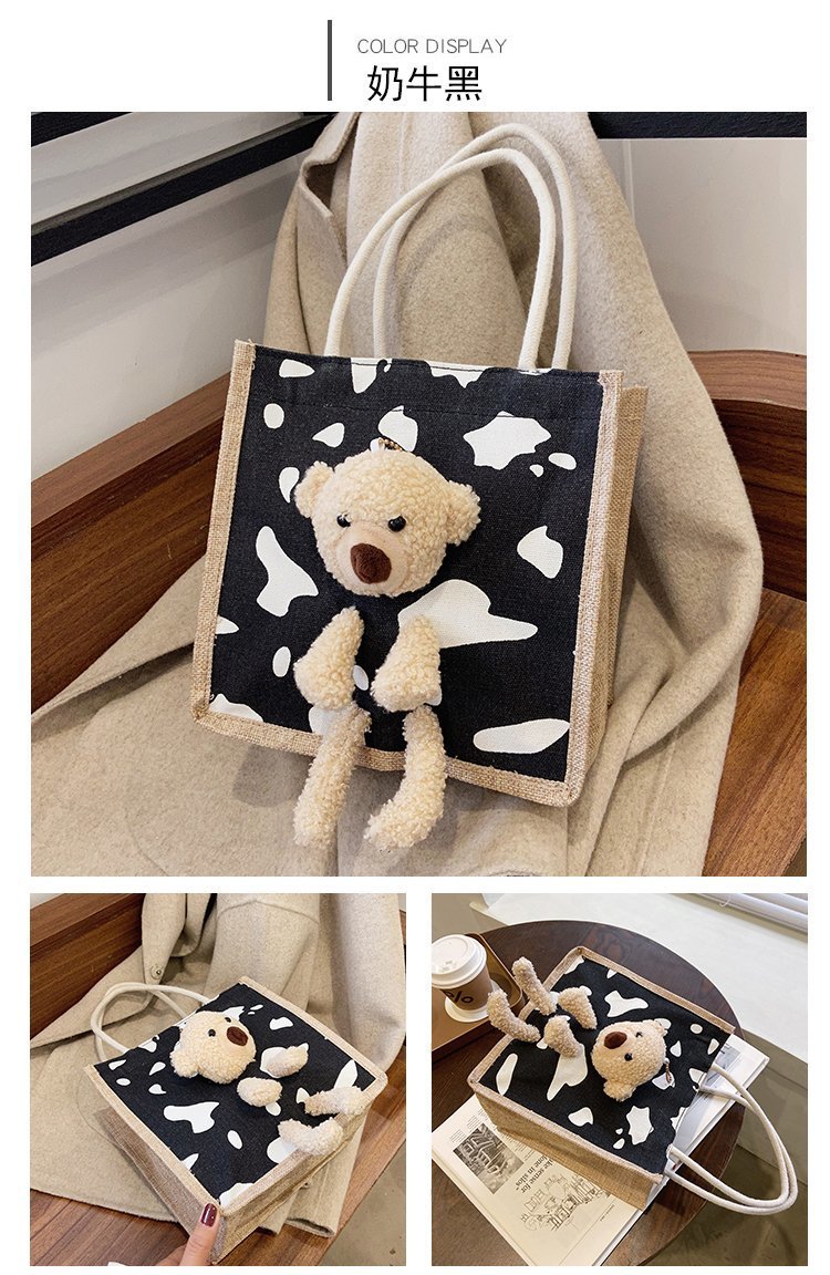 2021 New Internet Hot Korean Style Ins Printed Cow Graffiti Bear Canvas Bag Women's Portable Cute Shoulder Bag