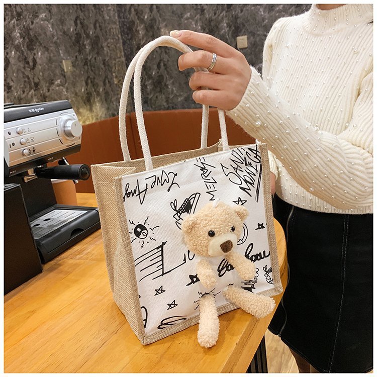 2021 New Internet Hot Korean Style Ins Printed Cow Graffiti Bear Canvas Bag Women's Portable Cute Shoulder Bag