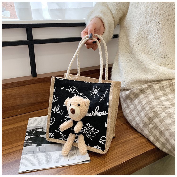 2021 New Internet Hot Korean Style Ins Printed Cow Graffiti Bear Canvas Bag Women's Portable Cute Shoulder Bag
