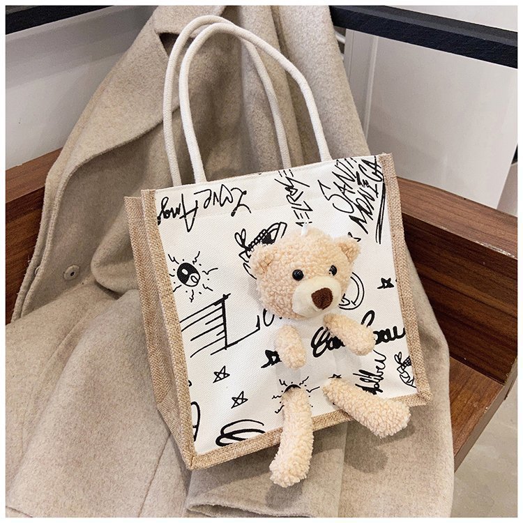 2021 New Internet Hot Korean Style Ins Printed Cow Graffiti Bear Canvas Bag Women's Portable Cute Shoulder Bag