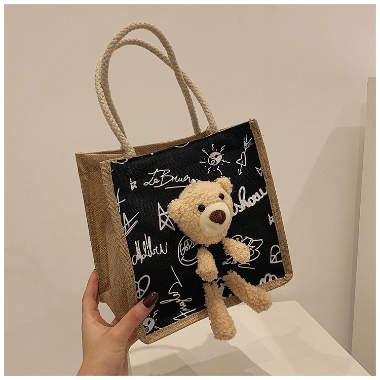 2021 New Internet Hot Korean Style Ins Printed Cow Graffiti Bear Canvas Bag Women's Portable Cute Shoulder Bag