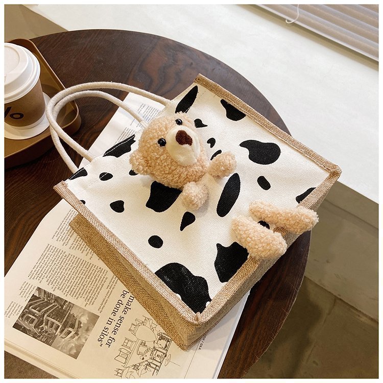 2021 New Internet Hot Korean Style Ins Printed Cow Graffiti Bear Canvas Bag Women's Portable Cute Shoulder Bag