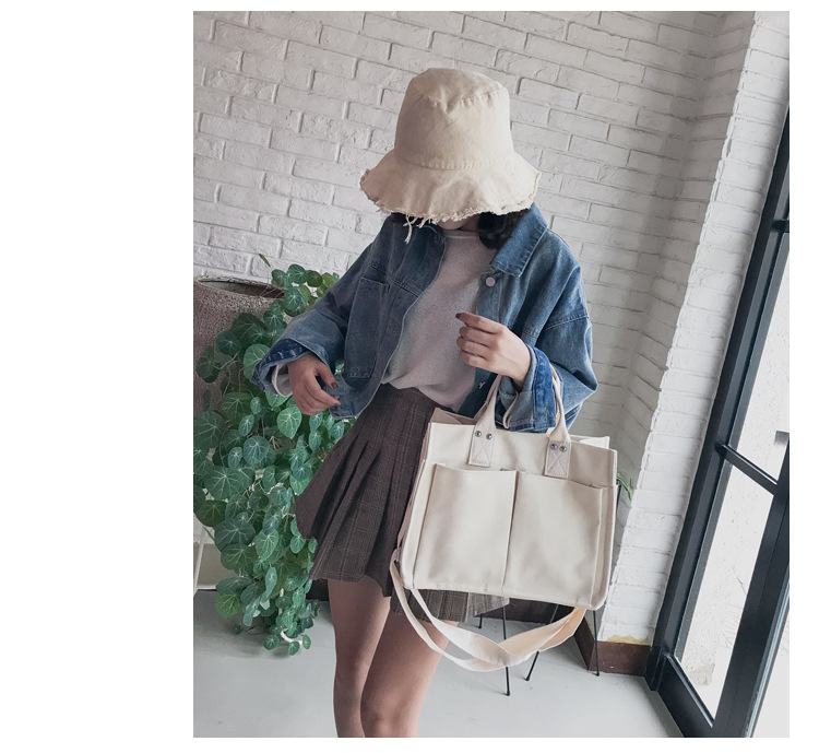 INS Canvas Bag Women's Simple All-Match Multi-Pocket Large Capacity Handbag Messenger Bag Shoulder Bag Women