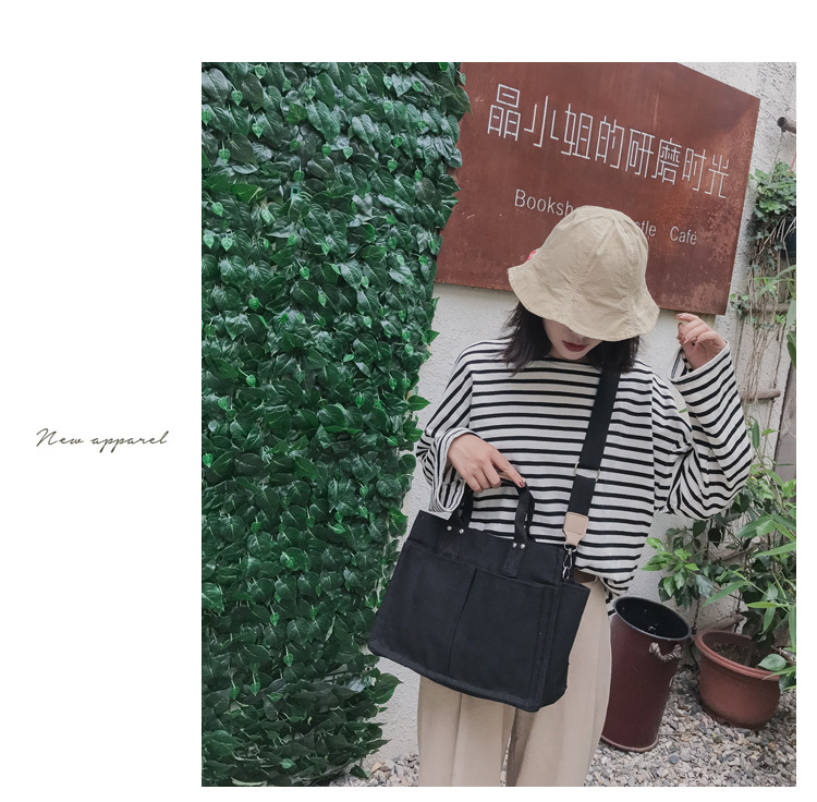 INS Canvas Bag Women's Simple All-Match Multi-Pocket Large Capacity Handbag Messenger Bag Shoulder Bag Women