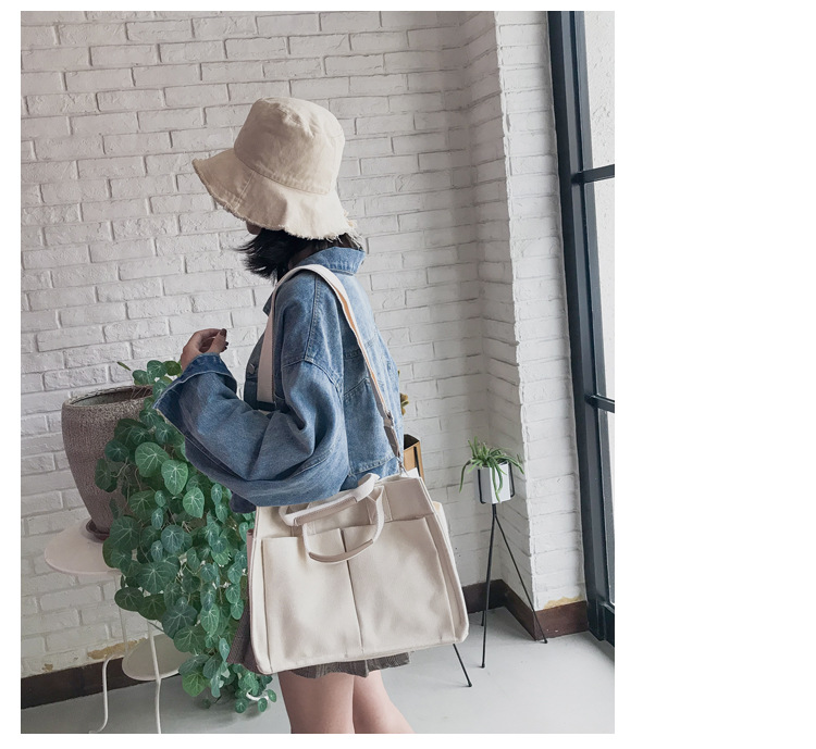 INS Canvas Bag Women's Simple All-Match Multi-Pocket Large Capacity Handbag Messenger Bag Shoulder Bag Women