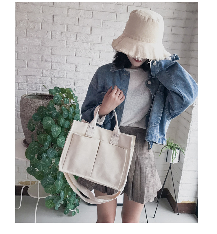 INS Canvas Bag Women's Simple All-Match Multi-Pocket Large Capacity Handbag Messenger Bag Shoulder Bag Women