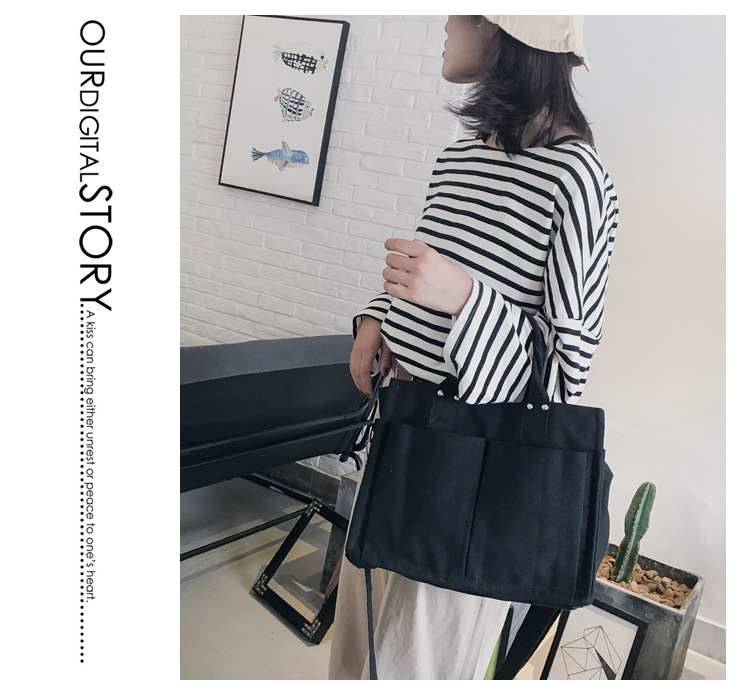 INS Canvas Bag Women's Simple All-Match Multi-Pocket Large Capacity Handbag Messenger Bag Shoulder Bag Women