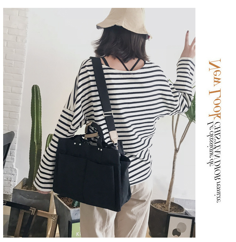 INS Canvas Bag Women's Simple All-Match Multi-Pocket Large Capacity Handbag Messenger Bag Shoulder Bag Women