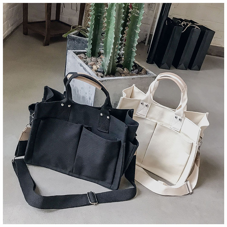 INS Canvas Bag Women's Simple All-Match Multi-Pocket Large Capacity Handbag Messenger Bag Shoulder Bag Women