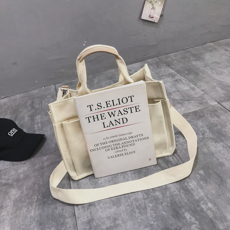 INS Canvas Bag Women's Simple All-Match Multi-Pocket Large Capacity Handbag Messenger Bag Shoulder Bag Women