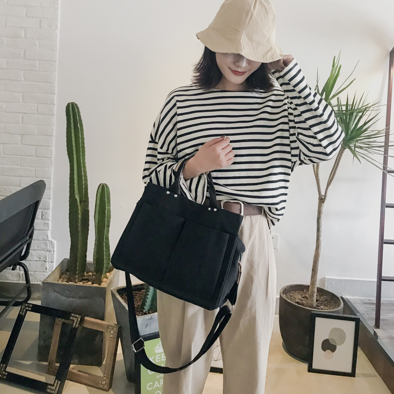 INS Canvas Bag Women's Simple All-Match Multi-Pocket Large Capacity Handbag Messenger Bag Shoulder Bag Women