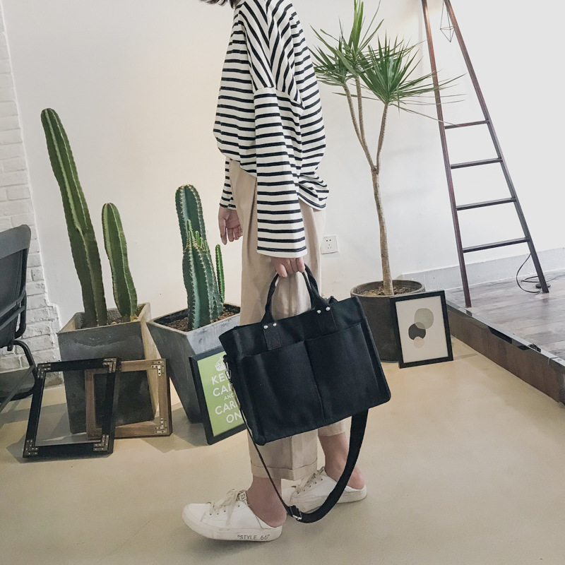 INS Canvas Bag Women's Simple All-Match Multi-Pocket Large Capacity Handbag Messenger Bag Shoulder Bag Women