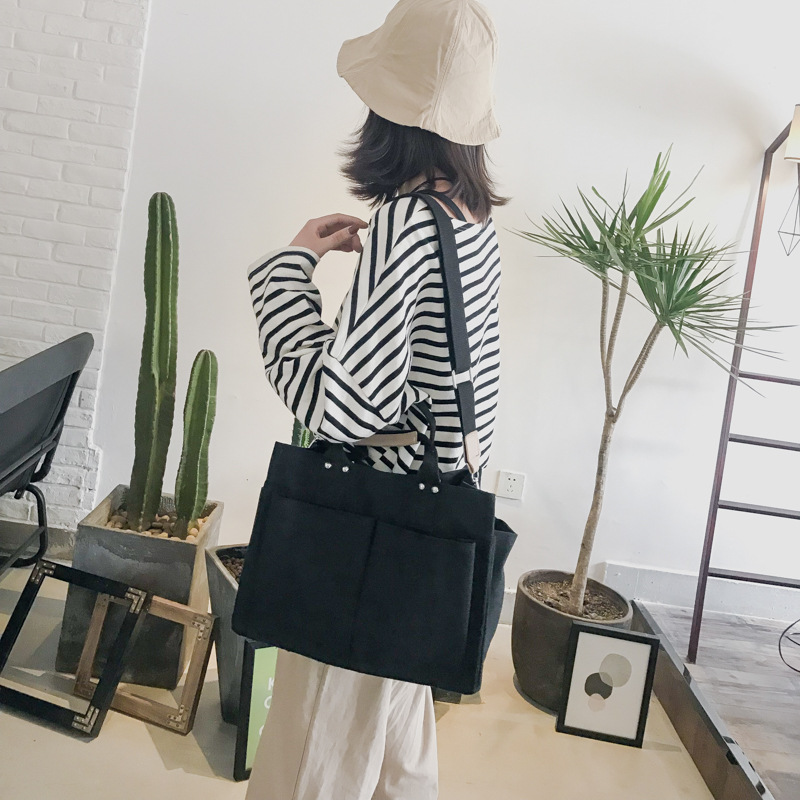 INS Canvas Bag Women's Simple All-Match Multi-Pocket Large Capacity Handbag Messenger Bag Shoulder Bag Women