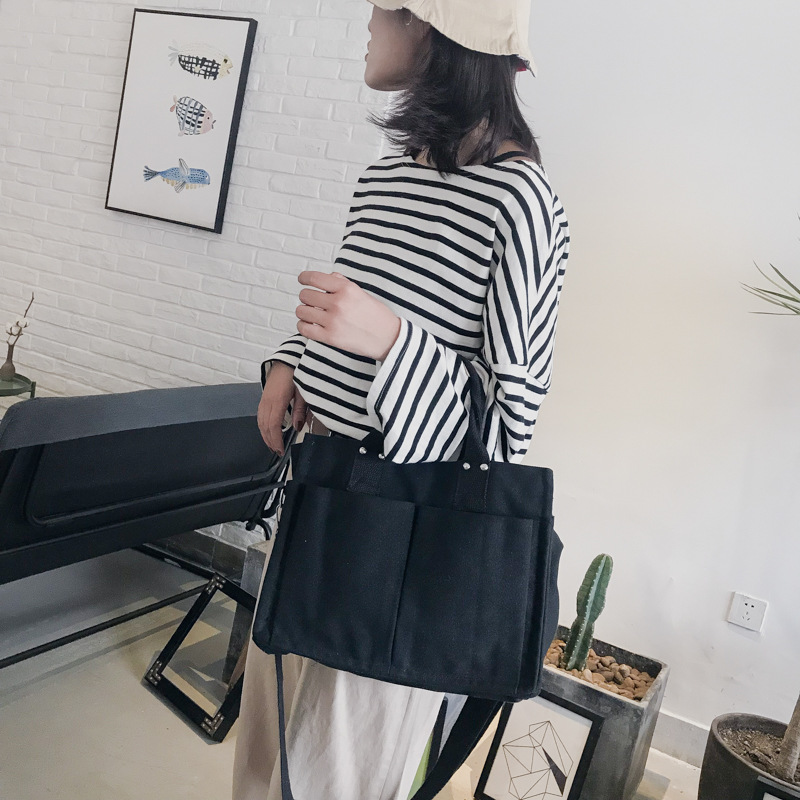 INS Canvas Bag Women's Simple All-Match Multi-Pocket Large Capacity Handbag Messenger Bag Shoulder Bag Women