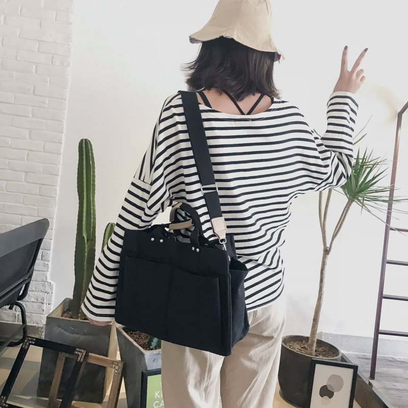 INS Canvas Bag Women's Simple All-Match Multi-Pocket Large Capacity Handbag Messenger Bag Shoulder Bag Women