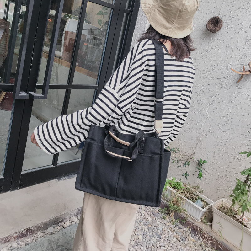INS Canvas Bag Women's Simple All-Match Multi-Pocket Large Capacity Handbag Messenger Bag Shoulder Bag Women