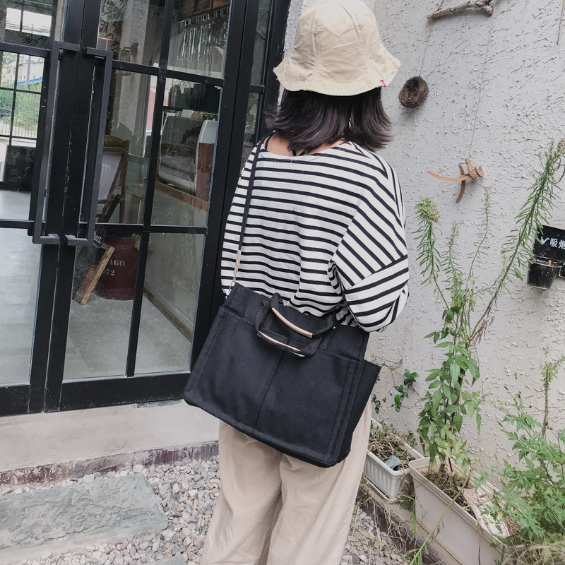 INS Canvas Bag Women's Simple All-Match Multi-Pocket Large Capacity Handbag Messenger Bag Shoulder Bag Women