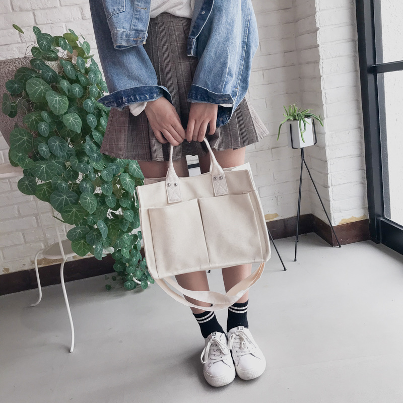 INS Canvas Bag Women's Simple All-Match Multi-Pocket Large Capacity Handbag Messenger Bag Shoulder Bag Women