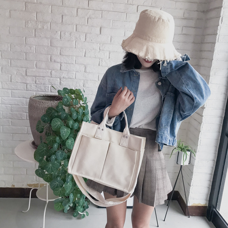 INS Canvas Bag Women's Simple All-Match Multi-Pocket Large Capacity Handbag Messenger Bag Shoulder Bag Women