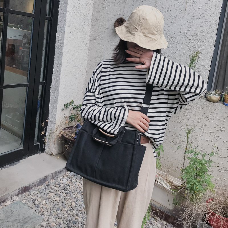 INS Canvas Bag Women's Simple All-Match Multi-Pocket Large Capacity Handbag Messenger Bag Shoulder Bag Women