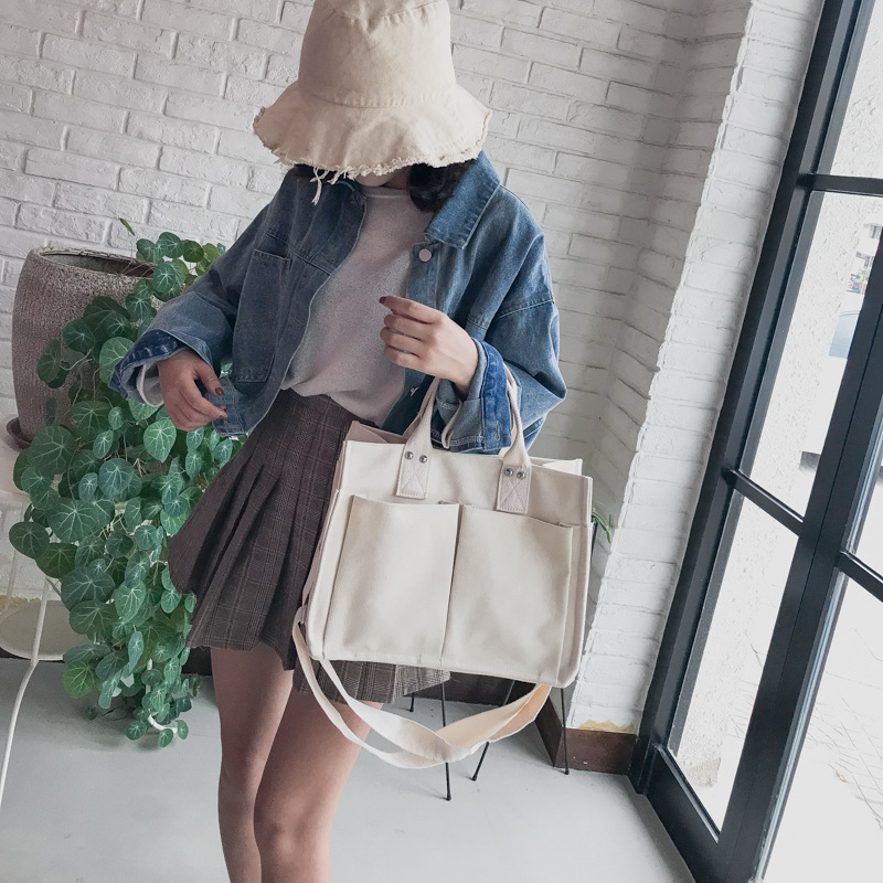 INS Canvas Bag Women's Simple All-Match Multi-Pocket Large Capacity Handbag Messenger Bag Shoulder Bag Women