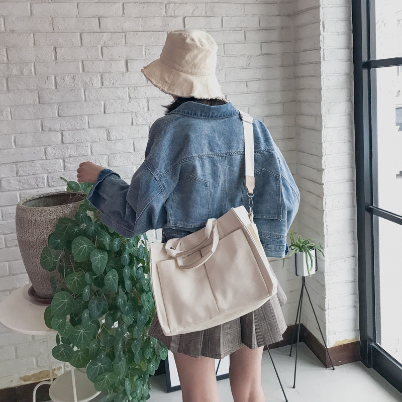 INS Canvas Bag Women's Simple All-Match Multi-Pocket Large Capacity Handbag Messenger Bag Shoulder Bag Women