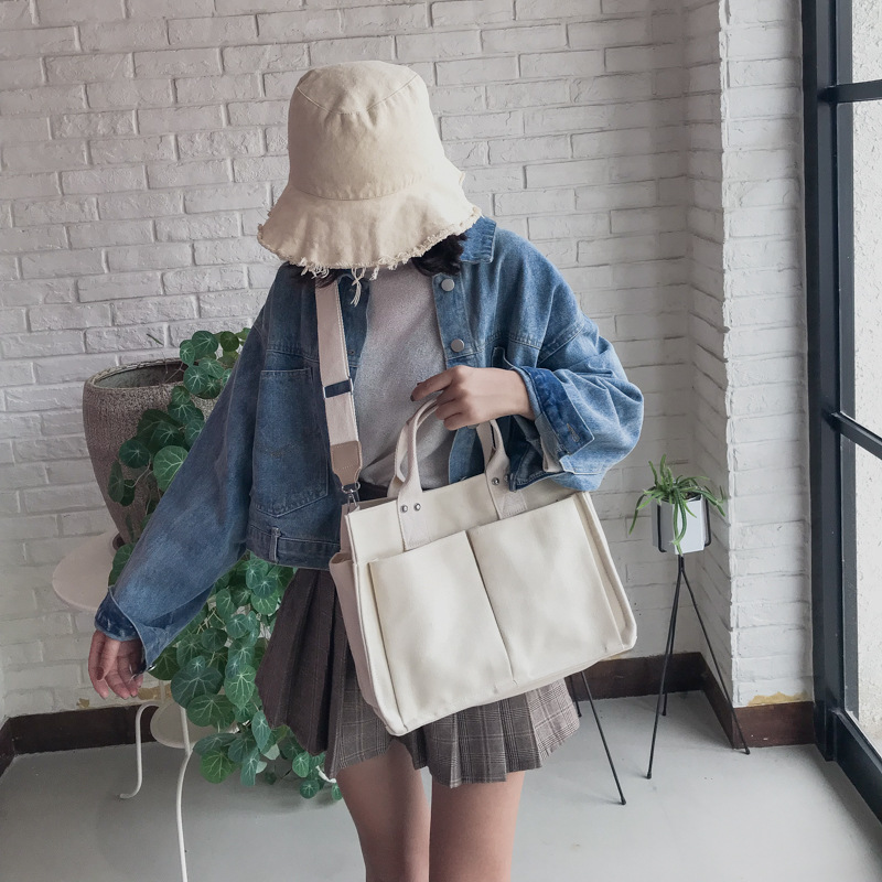 INS Canvas Bag Women's Simple All-Match Multi-Pocket Large Capacity Handbag Messenger Bag Shoulder Bag Women