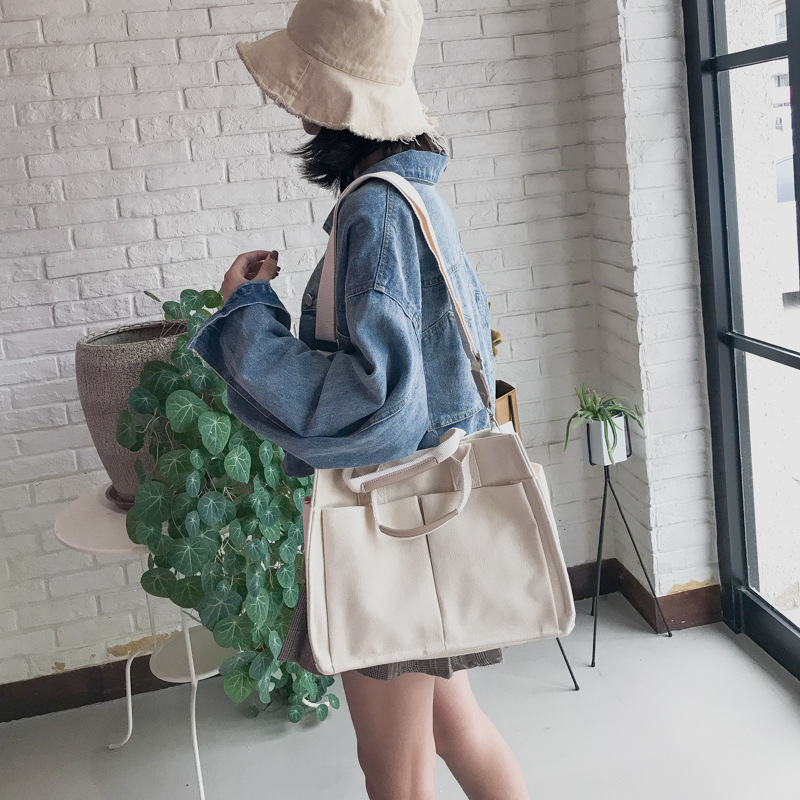 INS Canvas Bag Women's Simple All-Match Multi-Pocket Large Capacity Handbag Messenger Bag Shoulder Bag Women